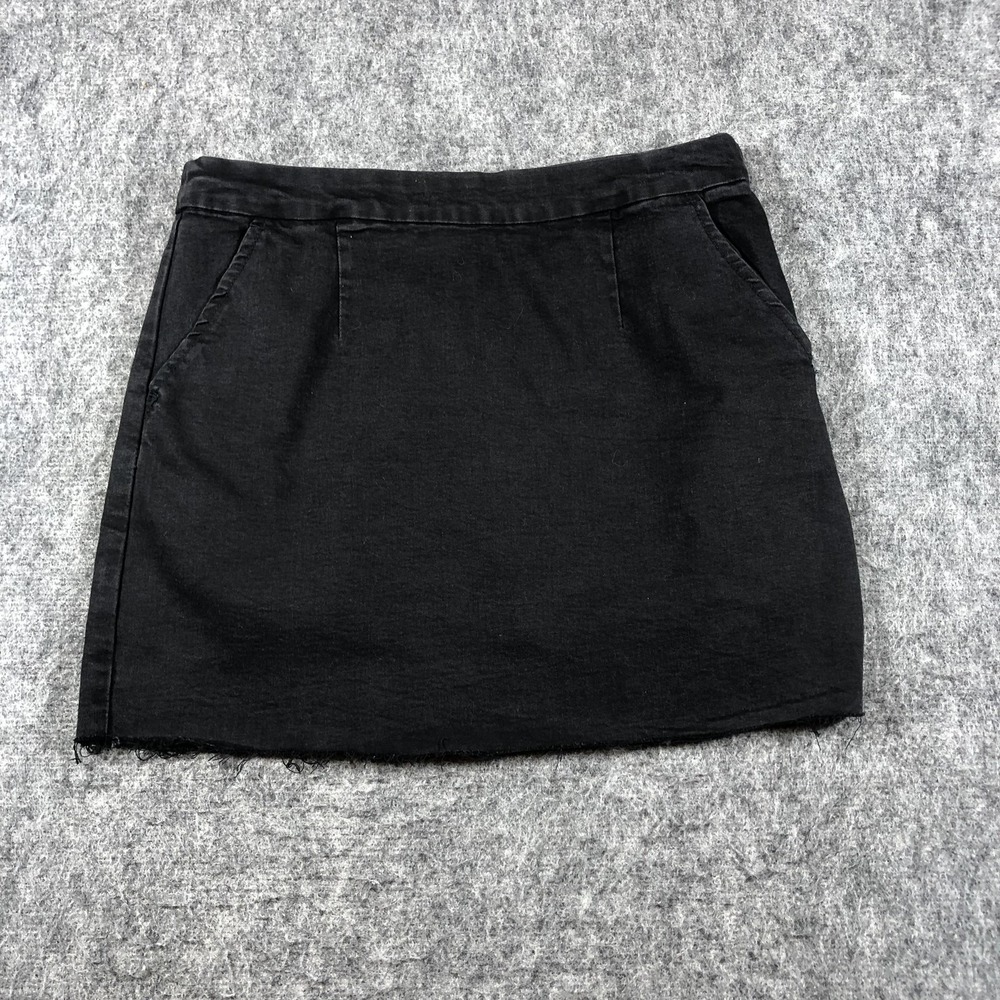 Forever 21 Black‎ Denim Mini Skirt Womens L Raw Hem Stretch Pockets Casual